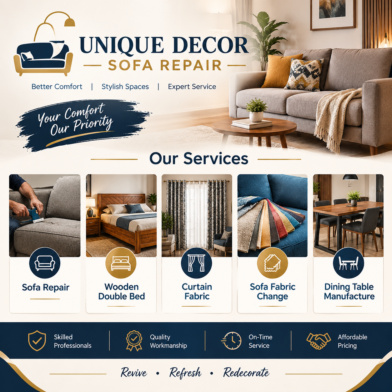 Handcrafted sofa restored at Unique Decor Sofa Repair workshop